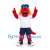 Monster Mascot Costume in Red with Blue Hair and White Sports Shirt