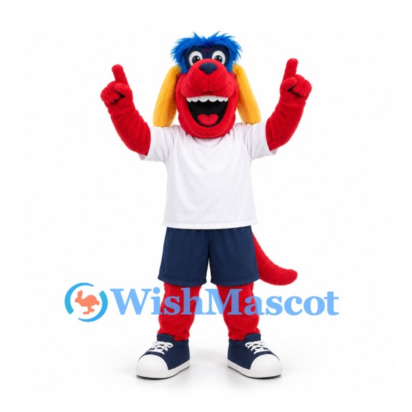 Monster Mascot Costume in Red with Blue Hair and White Sports Shirt