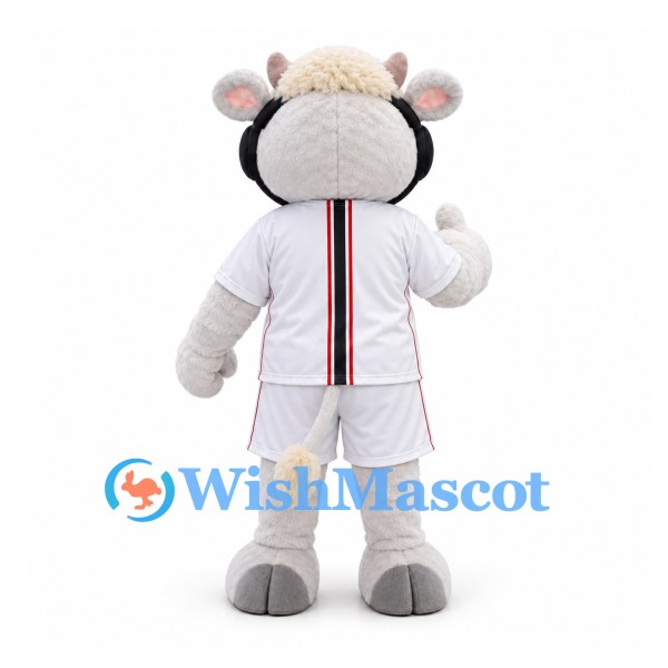 Sheep Mascot Costume in White Sports Uniform with Red and Black Trim