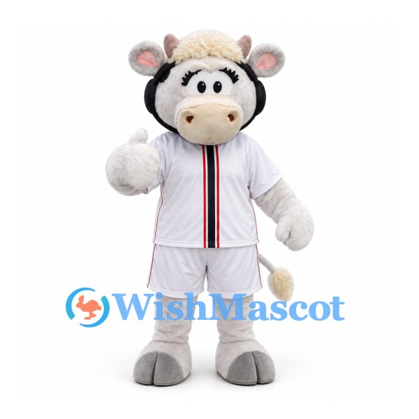 Sheep Mascot Costume in White Sports Uniform with Red and Black Trim