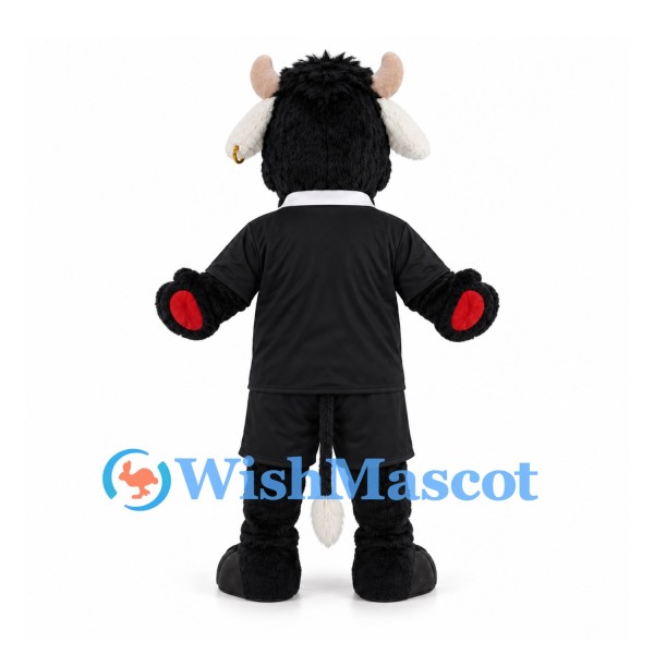 Sheep Mascot Costume in Black Sports Uniform with Red Trim
