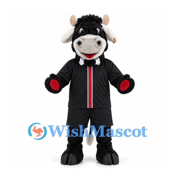 Sheep Mascot Costume in Black Sports Uniform with Red Trim
