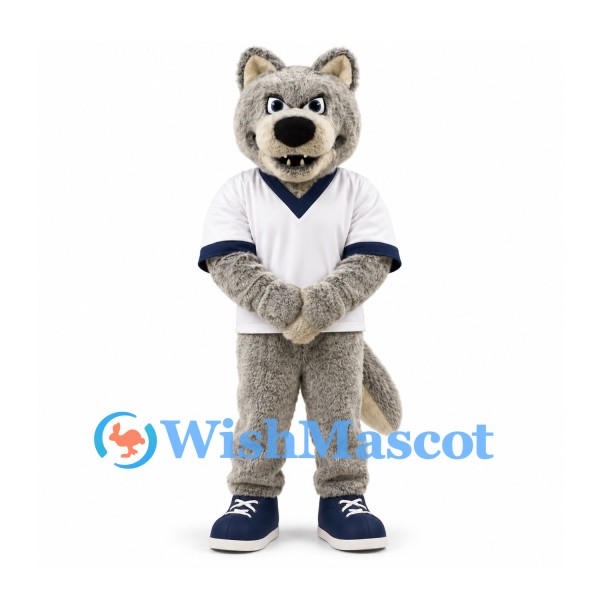 Wolf Mascot Costume in Gray with White Short Sleeve Sports Shirt