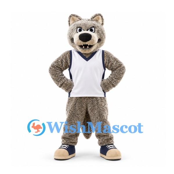 Wolf Mascot Costume in Gray with White Sleeveless Sports Jersey
