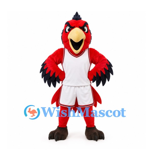 Cardinal Mascot Costume in Red with White Basketball Uniform
