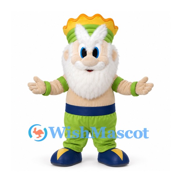 King Character Mascot Costume in White with Green Crown and Trousers