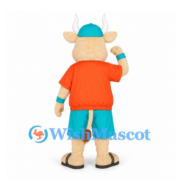 Cow Mascot Costume in Orange Shirt with Teal Cap and Shorts