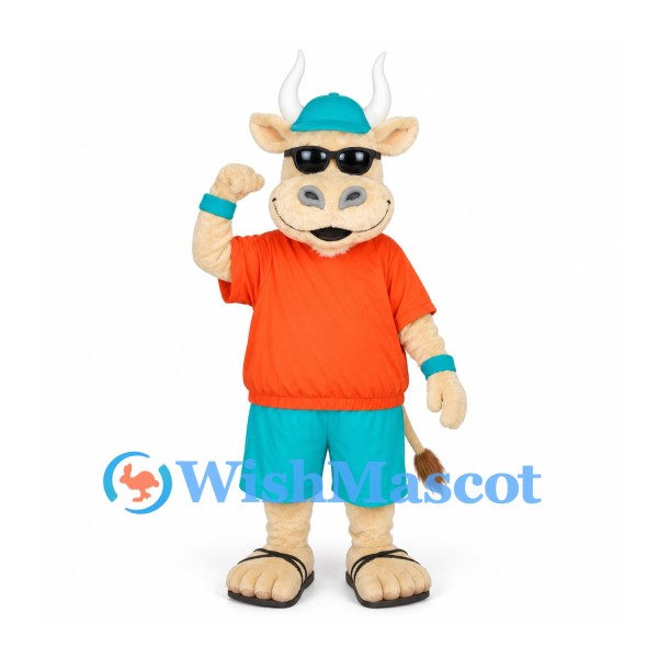 Cow Mascot Costume in Orange Shirt with Teal Cap and Shorts