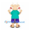 Cow Mascot Costume in Teal Shirt with Purple Shorts and Red Hair Bows