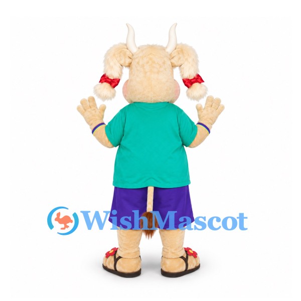 Cow Mascot Costume in Teal Shirt with Purple Shorts and Red Hair Bows