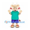 Cow Mascot Costume in Teal Shirt with Purple Shorts and Red Hair Bows