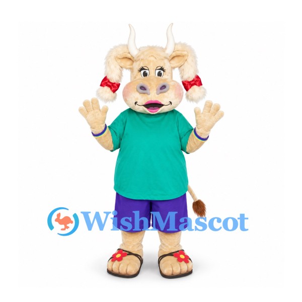 Cow Mascot Costume in Teal Shirt with Purple Shorts and Red Hair Bows