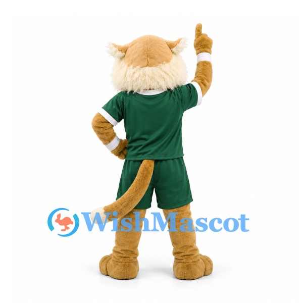 Cougar Mascot Costume in Tan with Green Sports Uniform