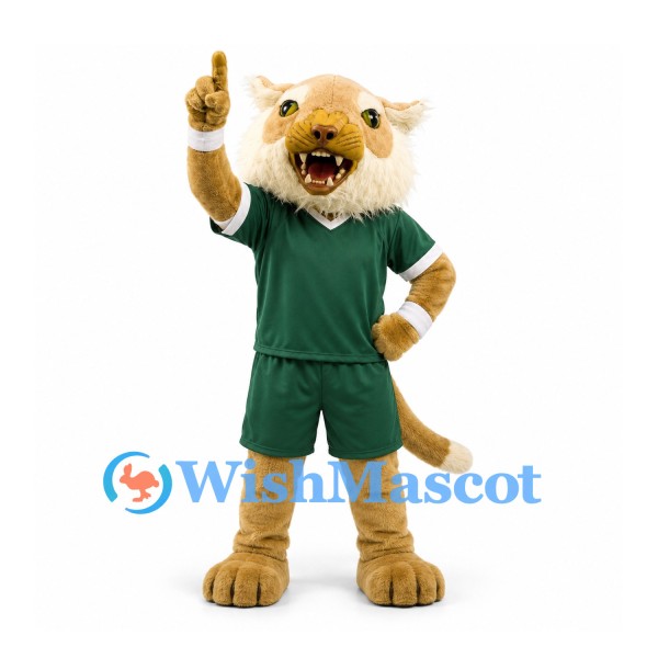 Cougar Mascot Costume in Tan with Green Sports Uniform