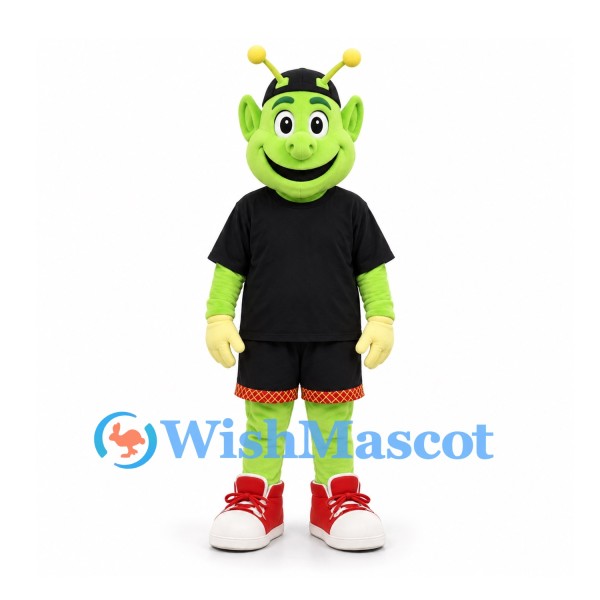 Alien Mascot Costume in Green with Black Sports Uniform