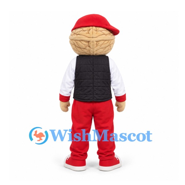 Walnut Mascot Costume in Red Trousers with Black Vest and Red Cap