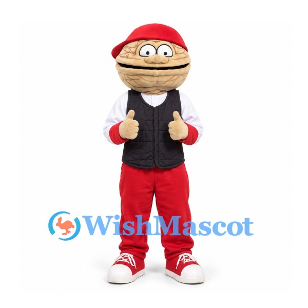 Walnut Mascot Costume in Red Trousers with Black Vest and Red Cap