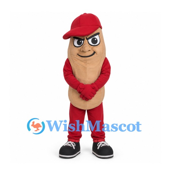 Peanut Mascot Costume in Tan and Red with Sideways Cap