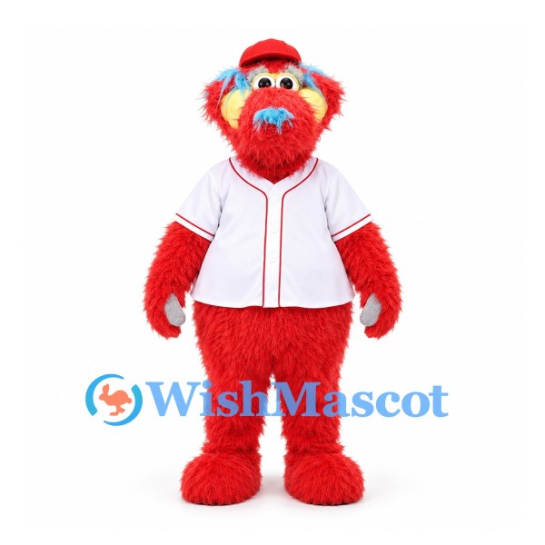 Monster Mascot Costume in Red with Blue Nose and White Baseball Jersey