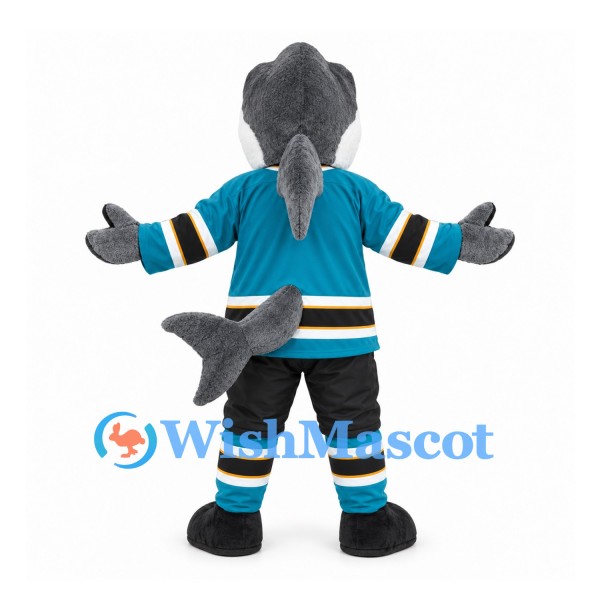 Shark Mascot Costume in Gray with Teal Hockey Uniform