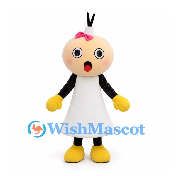 Girl Character Mascot Costume with Round Head White Dress and Yellow Gloves