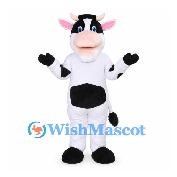 Cow Mascot Costume in White and Black with Pink Muzzle