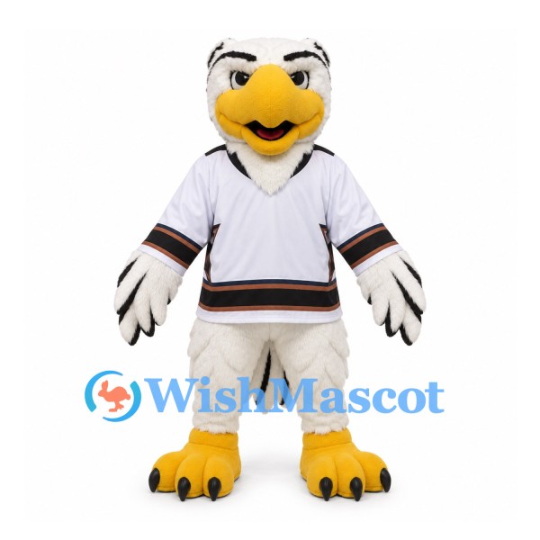 Eagle Mascot Costume in White with Hockey Jersey and Yellow Feet
