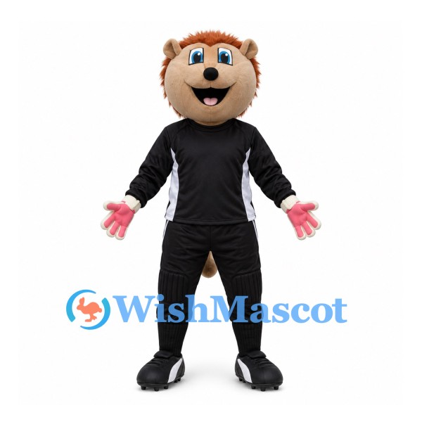 Bear Mascot Costume in Brown with Black Sports Outfit and Pink Gloves