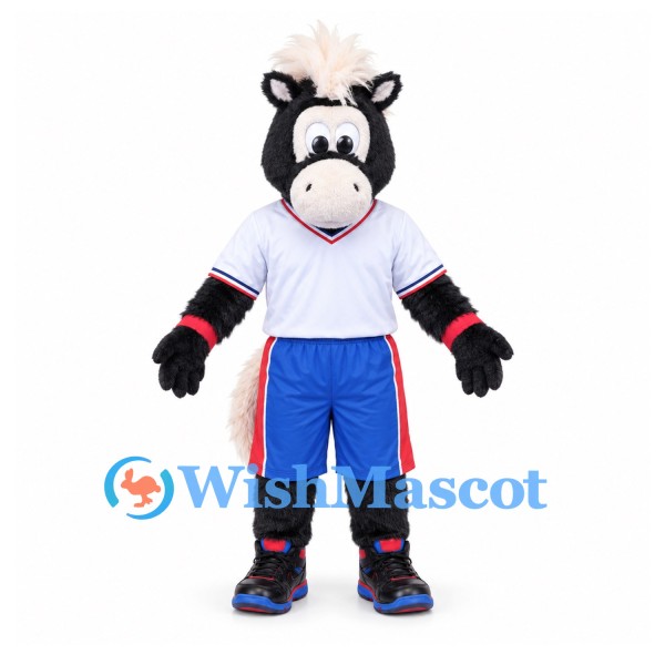Horse Mascot Costume in Black and White with Blue Sports Shorts