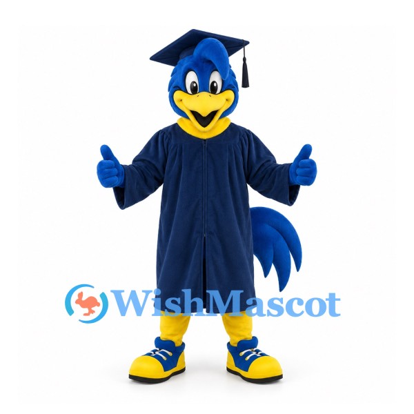 Bird Mascot Costume in Blue with Graduation Cap and Gown