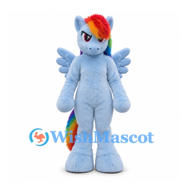 Winged Pony Mascot Costume in Light Blue with Rainbow Mane and Tail