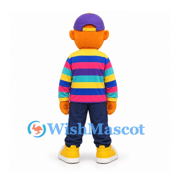 Boy Mascot Costume in Rainbow Striped Shirt and Purple Cap