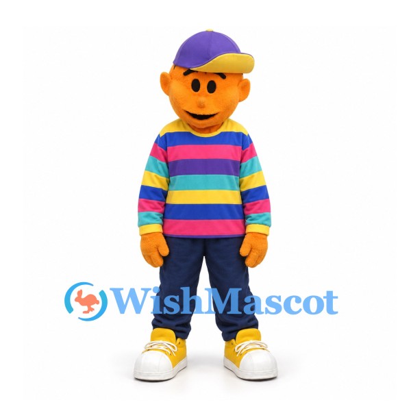 Boy Mascot Costume in Rainbow Striped Shirt and Purple Cap
