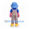 Girl Mascot Costume in Plaid Overalls with Blue Hair and Yellow Boots