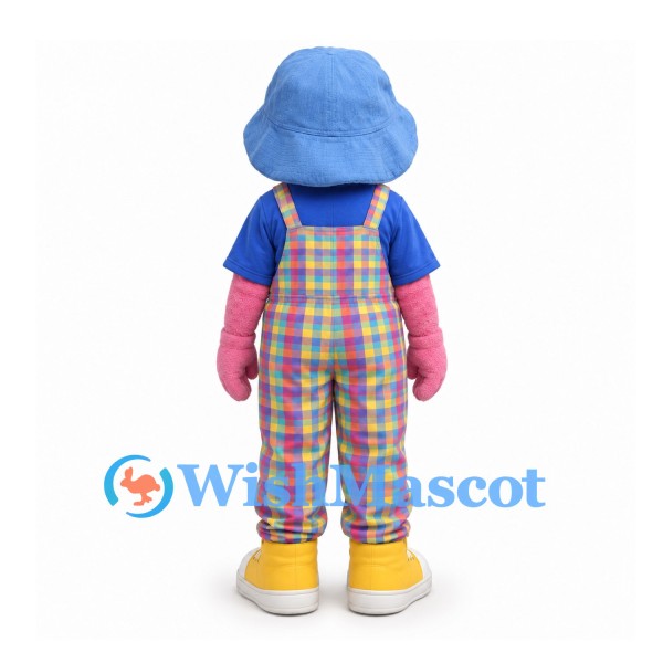 Girl Mascot Costume in Plaid Overalls with Blue Hair and Yellow Boots