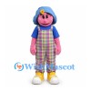 Girl Mascot Costume in Plaid Overalls with Blue Hair and Yellow Boots