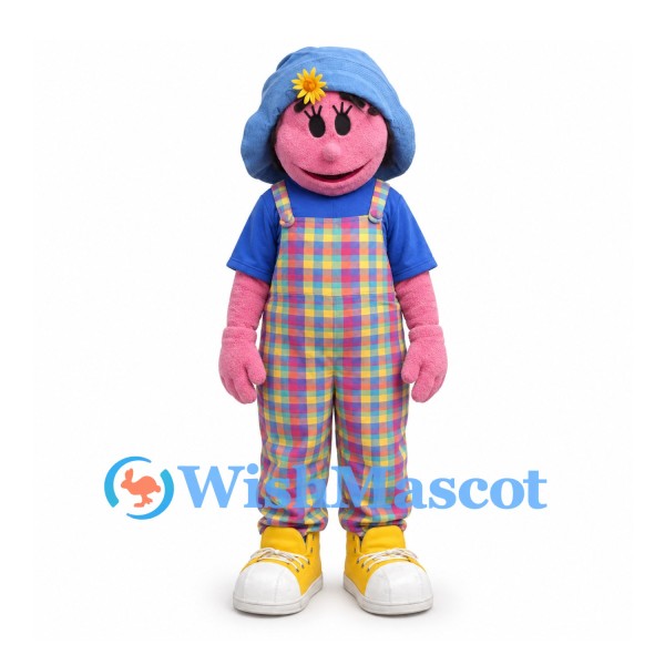 Girl Mascot Costume in Plaid Overalls with Blue Hair and Yellow Boots