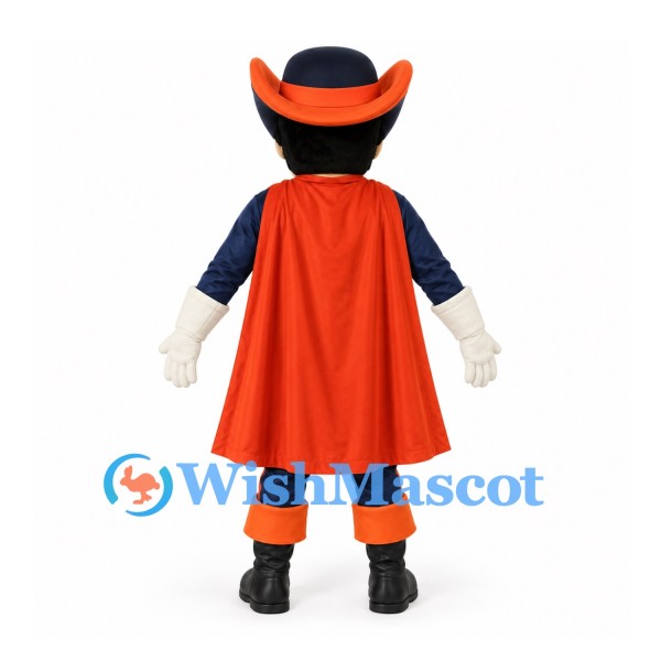 Musketeer Mascot Costume in Navy with Orange Cape and Hat Trim