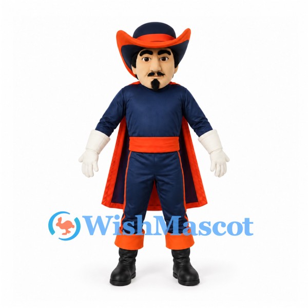 Musketeer Mascot Costume in Navy with Orange Cape and Hat Trim
