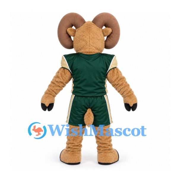 Ram Mascot Costume in Tan with Green Basketball Uniform