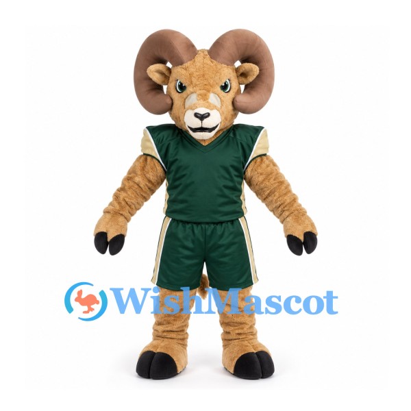 Ram Mascot Costume in Tan with Green Basketball Uniform
