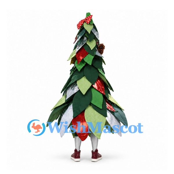 Christmas Tree Mascot Costume with Green Leaves Red Ornaments and Star Details