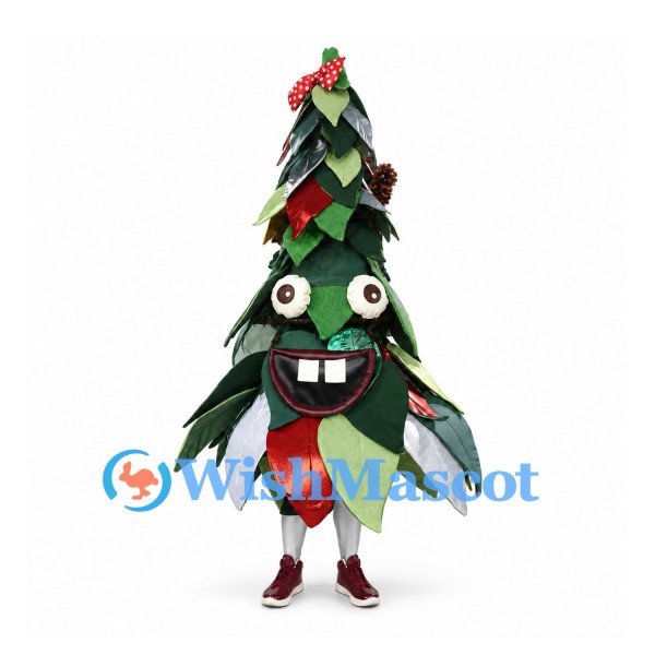 Christmas Tree Mascot Costume with Green Leaves Red Ornaments and Star Details