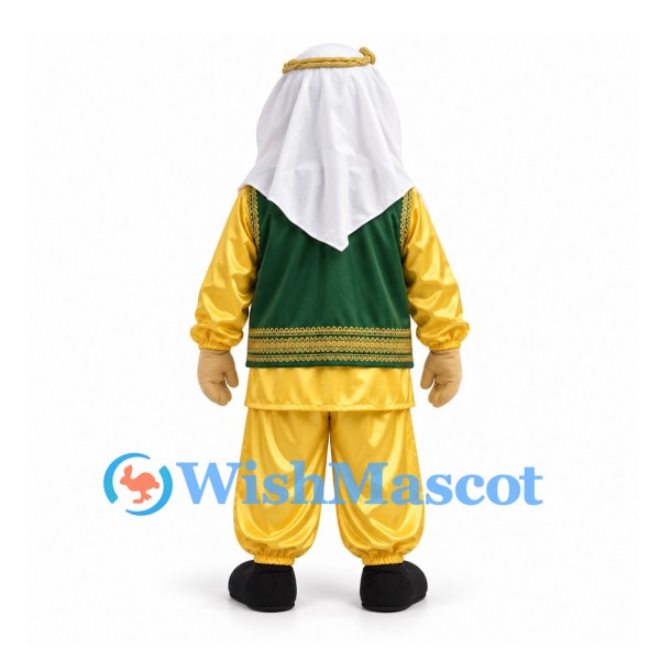 Man Mascot Costume in Gold Outfit with Green Vest and White Headscarf