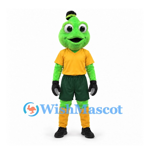 Cricket Mascot Costume in Green with Yellow Shirt and Dark Shorts