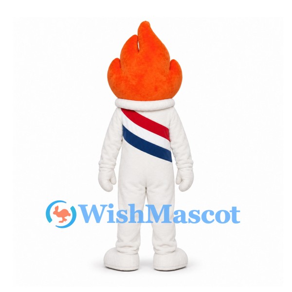 Flame Mascot Costume in Orange with White Outfit and Diagonal Stripes