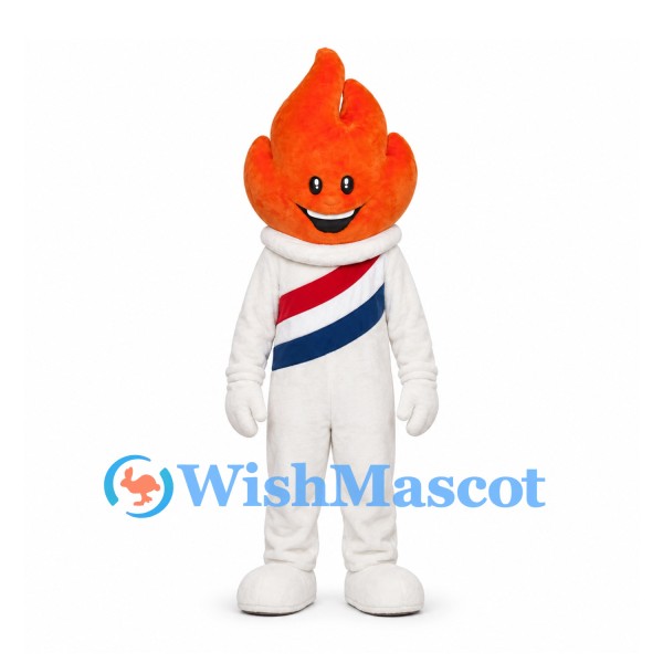 Flame Mascot Costume in Orange with White Outfit and Diagonal Stripes