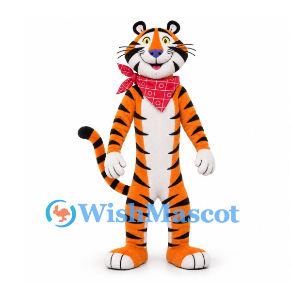 Tiger Mascot Costume in Orange with Red Checkered Neck Scarf