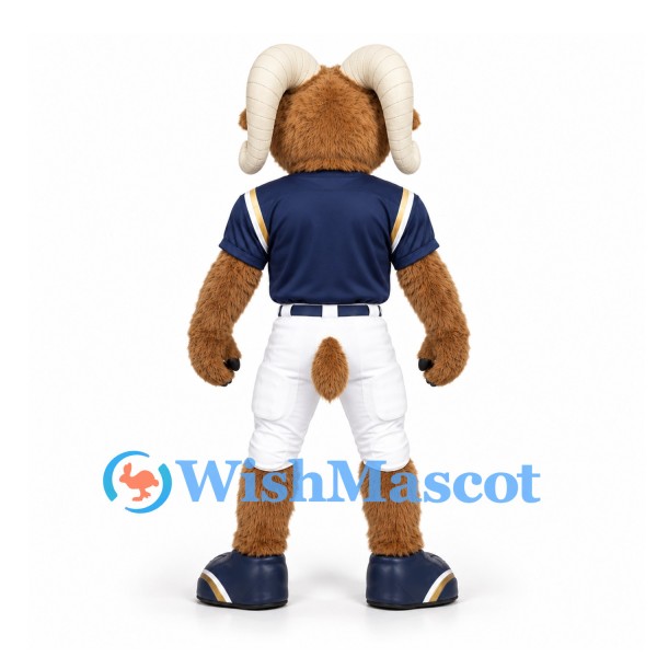 Ram Mascot Costume in Brown with Navy Football Jersey and White Trousers