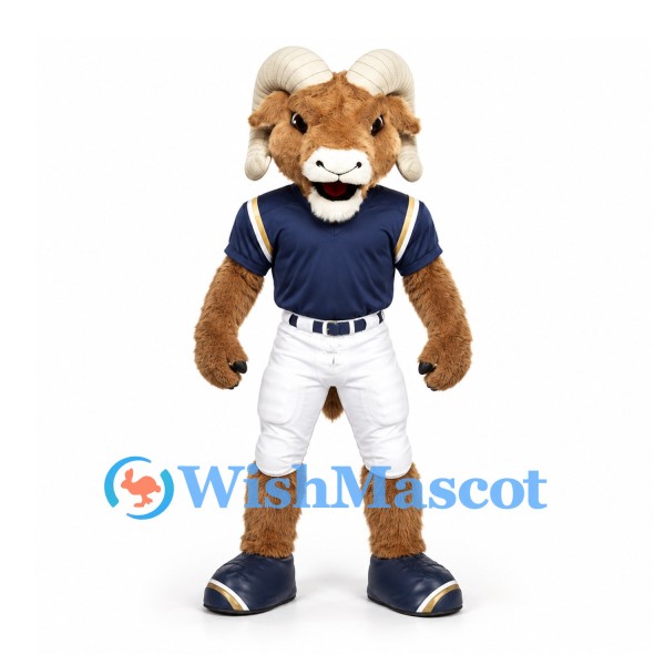 Ram Mascot Costume in Brown with Navy Football Jersey and White Trousers